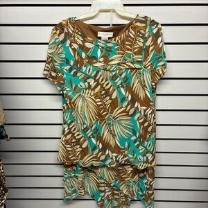 Sag Harbor Brown and Teal Leaf Print Blouse